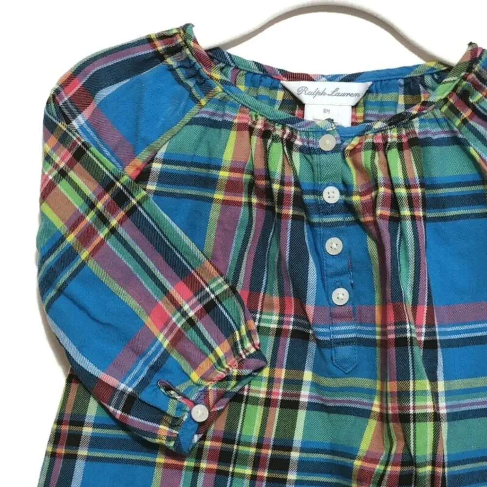 Ralph Lauren Baby Girl Madres Plaid Smock Blue and Green Top Size 6 Months